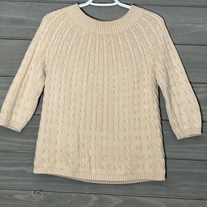 Talbots Cable Knit Sweater Womens S Petite Tan 3/4 Length Sleeve Mock Neck High